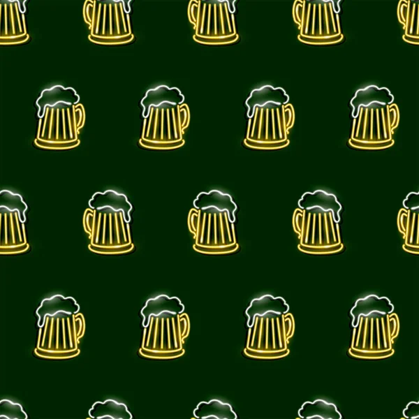 无缝隙图案 有霓虹灯图标 深色绿色背景的啤酒品脱 圣帕特里克节 啤酒节的概念 矢量10 Eps说明 — 图库矢量图片