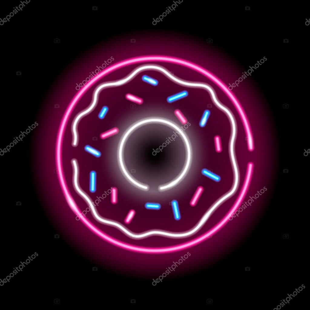 Neon donut icon isolated on black background. Sweets, cafe, girly concept for logo, banner. Vector 10 EPS illustration.