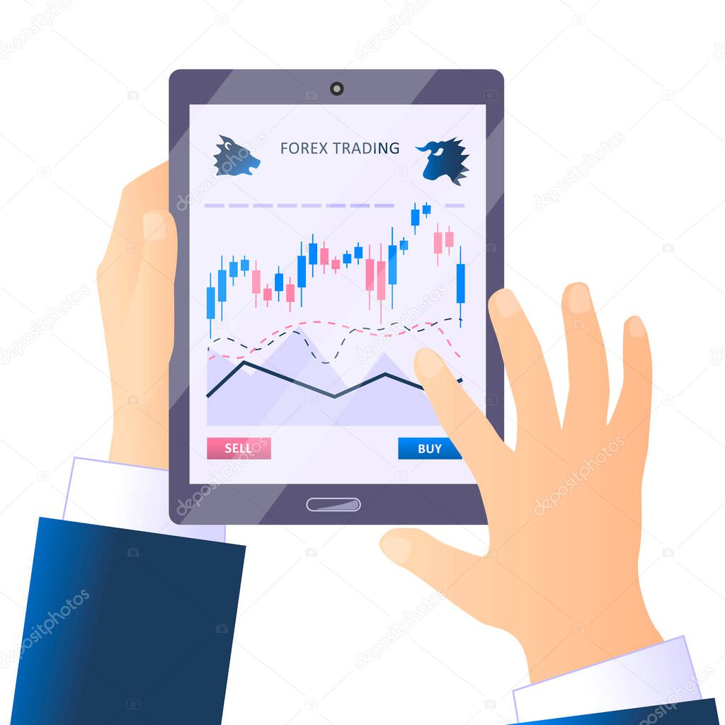 Hands hold a tablet with forex trade application. Stock market business infografics. Vector flat illustration.