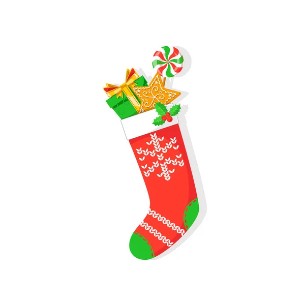 Vector Illustration Christmas Stocking Gift Gingerbread Candy — Stock Vector