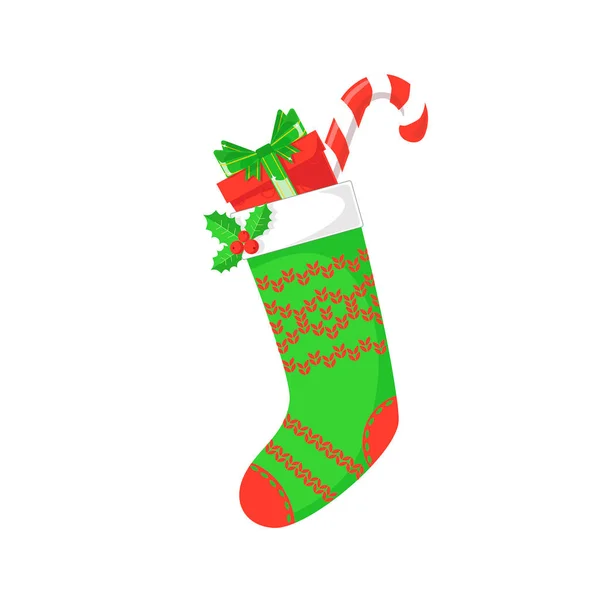 Ілюстрація Зелено Червоного Різдвяного Шкарпетки Подарунком Цукерками — стоковий вектор