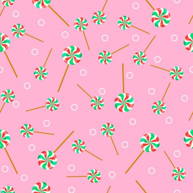 Pembe arka planda lolipopları olan kusursuz bir desen. Vektör illüstrasyonu.