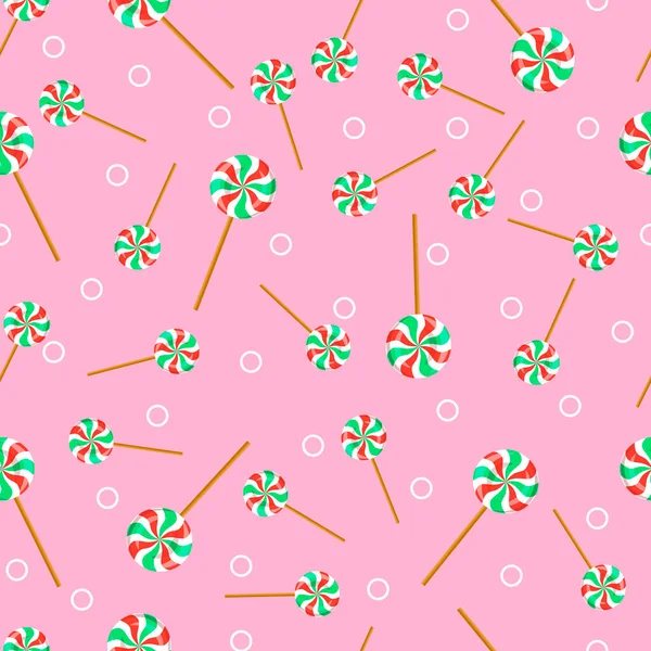 Pembe arka planda lolipopları olan kusursuz bir desen. Vektör illüstrasyonu.