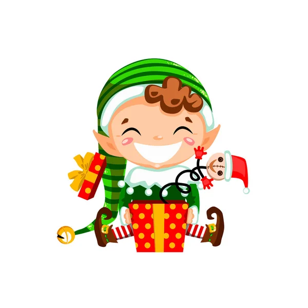 Christmas Elf Laughing Surprised Jack Box Vector Illustration Isolated White — Stock Vector