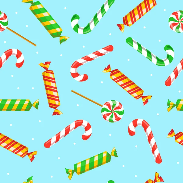 Naadloos Patroon Met Kerstsnoepjes Blauwe Achtergrond Kerstmis Nieuwjaar Lolly Snoep — Stockvector