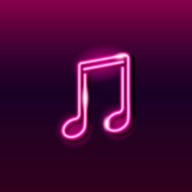 Koyu mor arka planda pembe notanın neon simgesi. Müzik konsepti için tasarım unsuru: logo, afiş, el ilanı. Vektör 10 EPS illüstrasyonu.