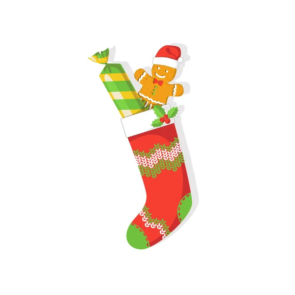 Cute Vector Illustration Christmas Stocking Gingerbread Man Candy Isolated White — Stock Vector