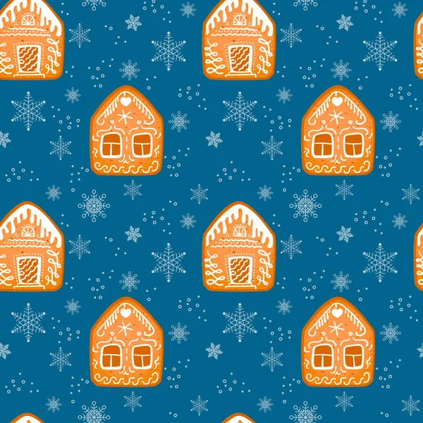 Weihnachten Nahtlose Muster Mit Lebkuchenhäusern Und Schneeflocken Auf Blauem Hintergrund — Stockvektor