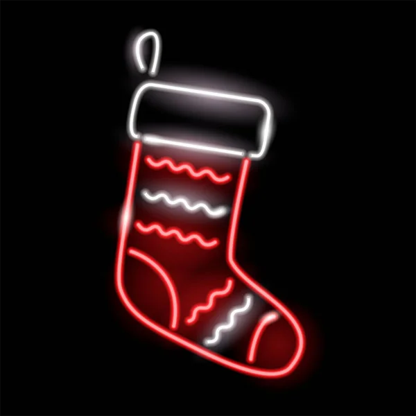 Neon Christmas Stocking Sock Icon Isolated Black Background Mas Gift — Stock Vector