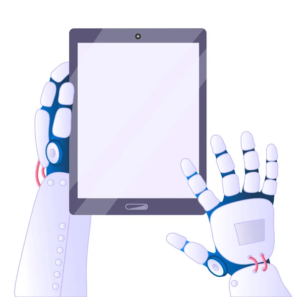 Robotovy Ruce Drží Tabletu Prázdnou Obrazovkou Koncept Umělé Inteligence Vektor — Stockový vektor
