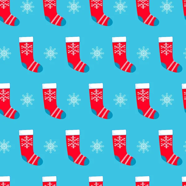 Seamless Pattern Red Christmas Stockings Snowflakes Blue Background Christmas Winter — Stock Vector