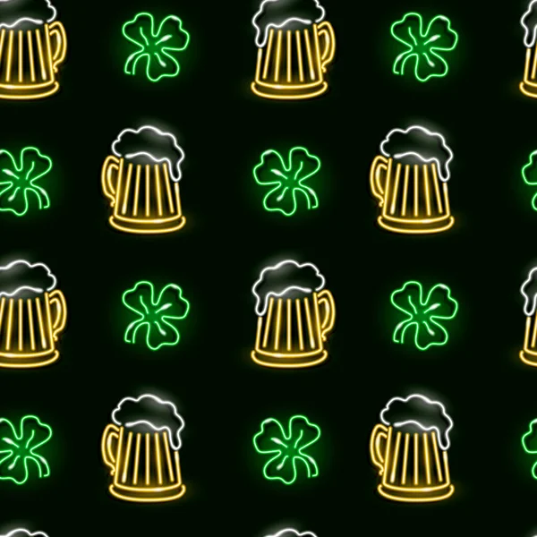 Neon Bierkrüge Und Shamrock Nahtlose Muster Auf Dunklem Hintergrund Alkohol — Stockvektor