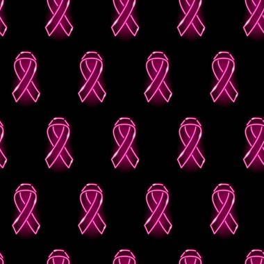 Neon pembe kurdeleli kusursuz desen. Göğüs kanseri farkındalığı konsepti. Siyah arkaplanda parlak simgeler. Vektör 10 EPS illüstrasyonu.