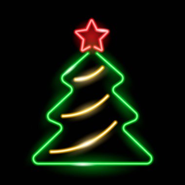 Altın madalyalı ve siyah arka planda izole kırmızı yıldızlı Neon Noel ağacı. Noel, kış, ikon veya logo için yeni yıl konsepti. Vektör 10 EPS illüstrasyonu.