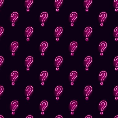 Koyu arkaplanda neon rengi soru işareti simgesi olan kusursuz desen. Sınav, sorgulama, problem konsepti. Gece tabelası tarzı. Vektör 10 EPS illüstrasyonu.