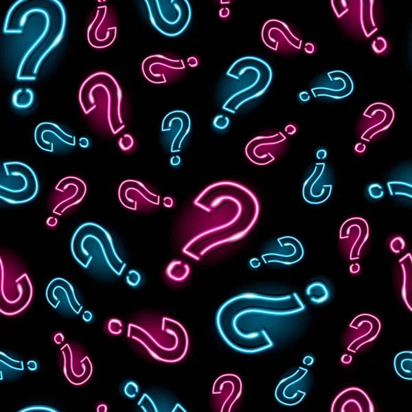 Siyah arkaplanda pembe ve mavi ikonlar olan kusursuz bir soru işareti. Sınav, sorgulama, problem, faq konsepti. Gece tabelası tarzı. Vektör 10 EPS illüstrasyonu.