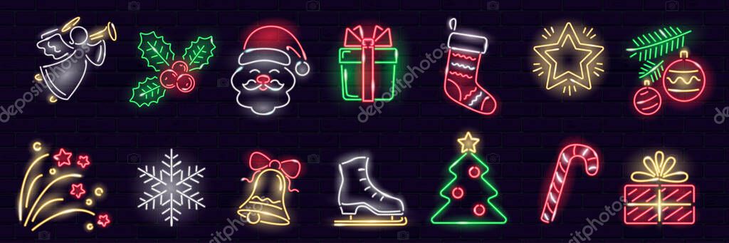 Set of neon Cristmas icons isolated on dark brick wall background. Gift box, christmas tree, Santa, angel, snowflake, stocking, candy-cane. Xmas, winter, New Year concept. Vector 10 EPS illustration