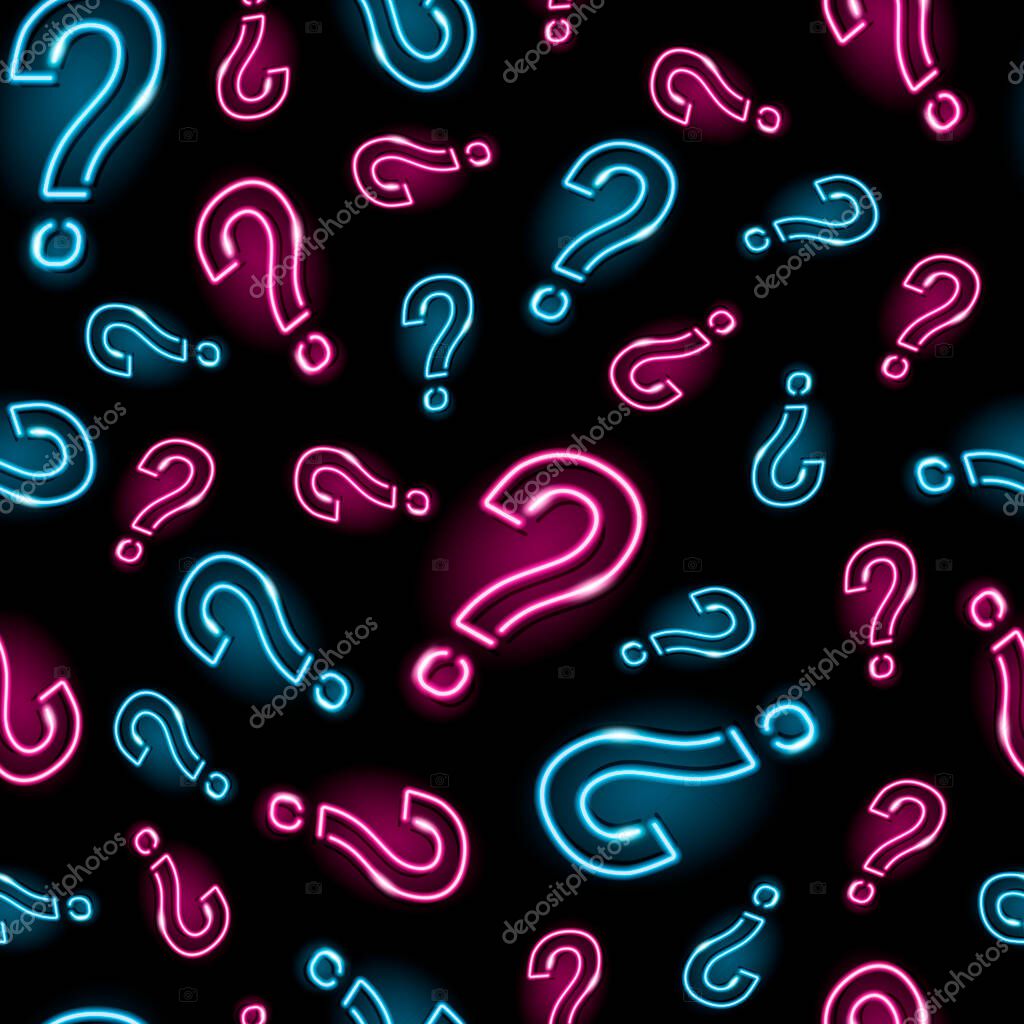Neon question mark seamless pattern with pink and blue icons on black background. Quiz, interrogation, problem, faq concept. Night signboard style. Vector 10 EPS illustration.