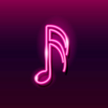 Karanlık arkaplan üzerine neon müzik notası. Müzik konsepti için tasarım unsuru: logo, afiş, el ilanı. Vektör 10 EPS illüstrasyonu.