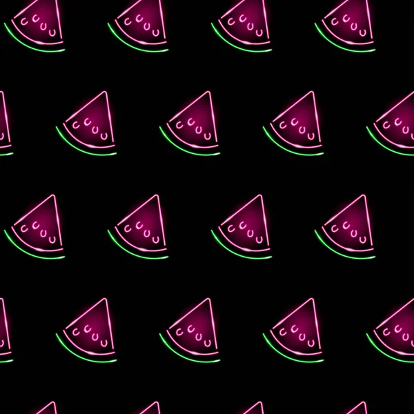 Seamless pattern with neon quarters slices of watermelon on a black background. Summer, exotic, freshness, nutrition concept. — Stock Vector