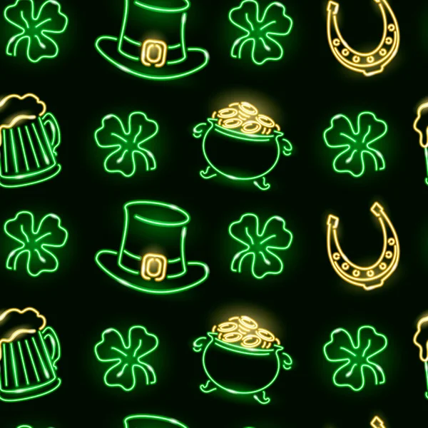 St. Patricks seamless pattern with neon shamrock, leprechauns hat, horseshoes, pot with coins on dark background. — Stock Vector