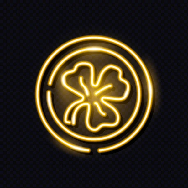 Neon-Ikone der Goldmünze mit Shamrock-Blatt auf dunklem Hintergrund. St. Patricks Day Konzept für Logo, Plakat, Feiertagsgestaltung. — Stockvektor