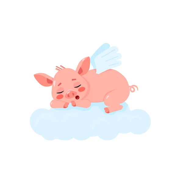 날개달린 귀여운 돼지가 구름 위에서 자고 있어. 만화 캐릭터. 흰 배경에서 분리 된 벡터 그림. — 스톡 벡터