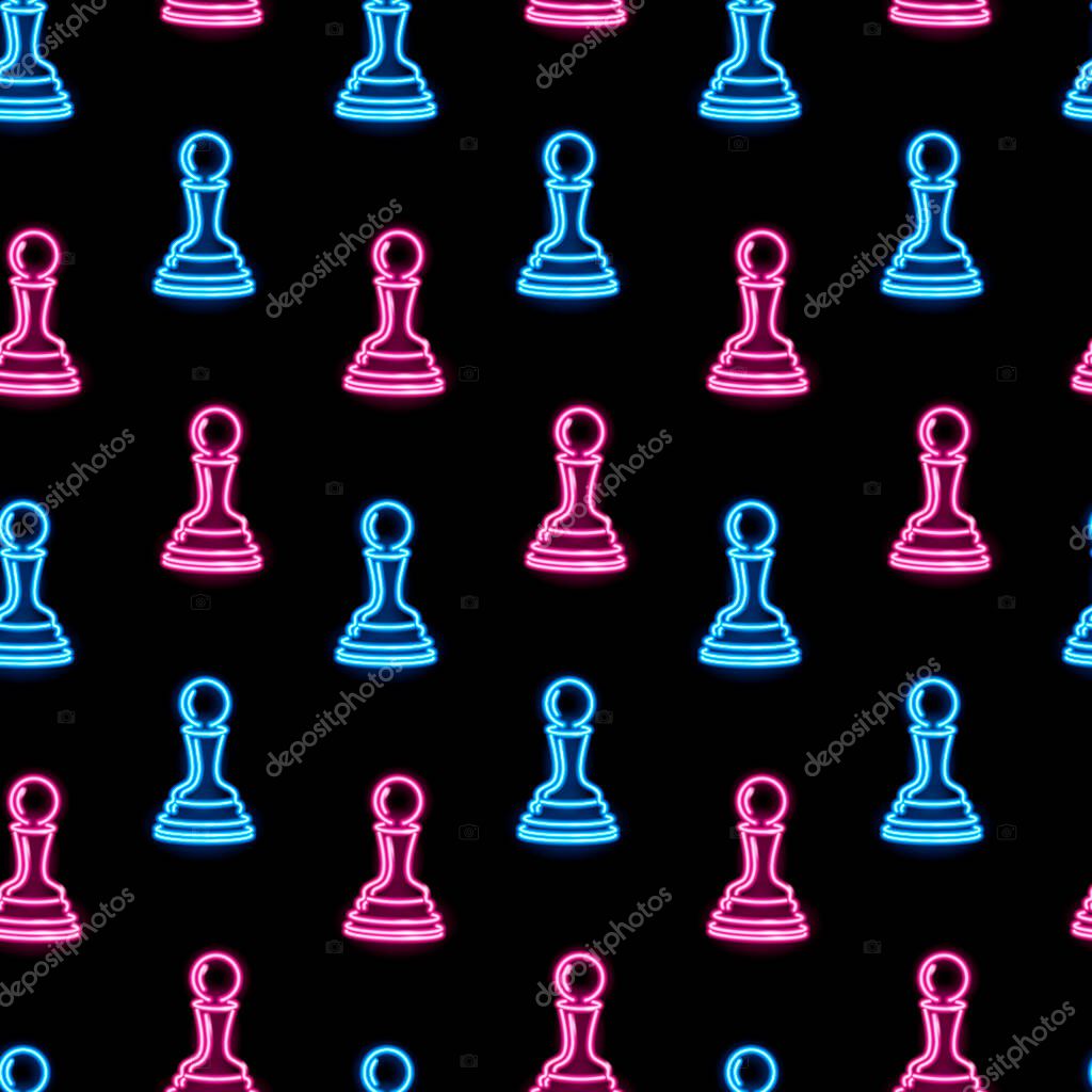 Seamless pattern with neon pawns on black background. Chess, strategy, board game concept for wallpaper, wrapping, print. Vector 10 EPS illustration.