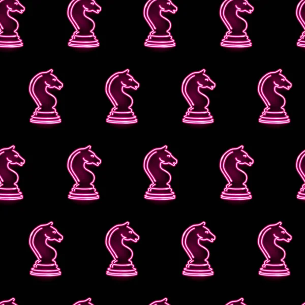 Бесшовный Узор Неоновыми Иконами Шахматных Рыцарей Черном Фоне Стратегия Игра — стоковый вектор