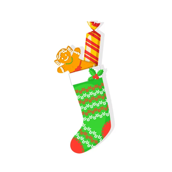 Cute Vector Illustration Christmas Stocking Gingerbread Girl Candy Vector Eps — Stock Vector