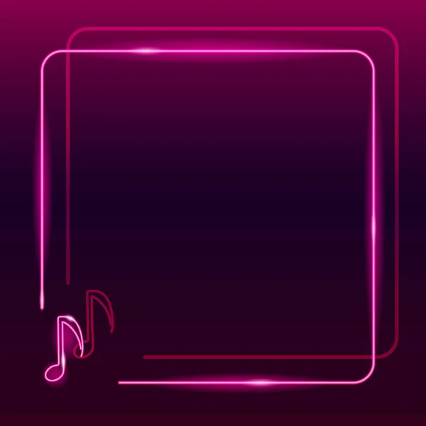 Icono de marco de neón de nota musical rosa sobre fondo degradado púrpura oscuro. Plantilla de lugar de texto cuadrado. Música, sonido, concepto de melodía. Estilo letrero nocturno. — Vector de stock
