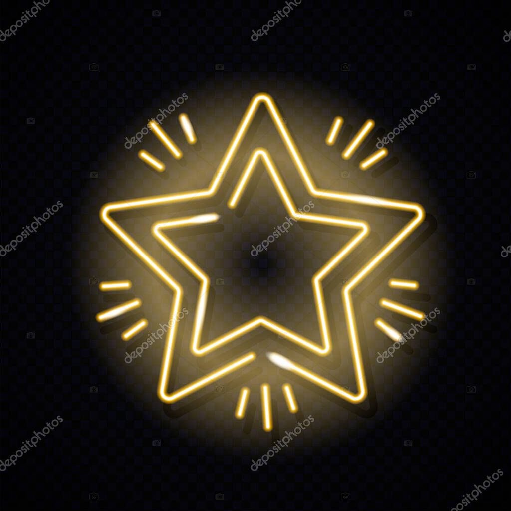 Neon icon of gold shining star. Isolated on dark background. Design element for Christmas or award concept. Vector 10 EPS illustration.