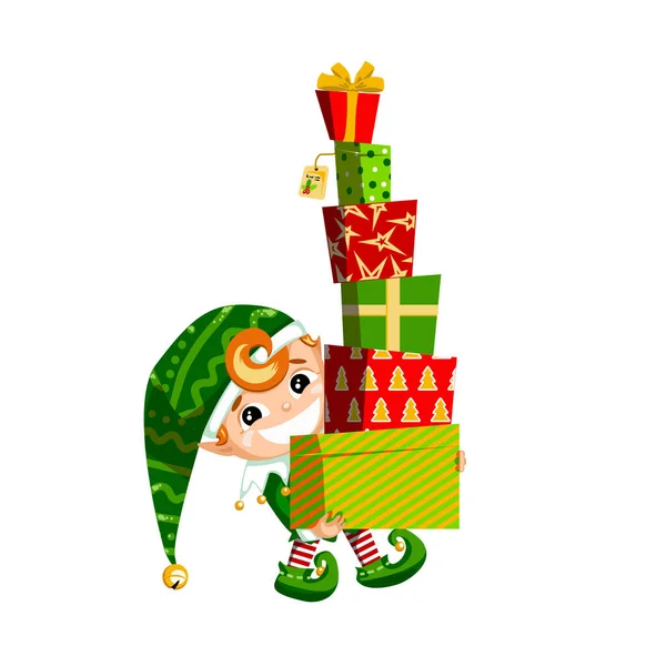 Christmas cute little elf carrying gift boxes. Vector illustration — Stock Vector