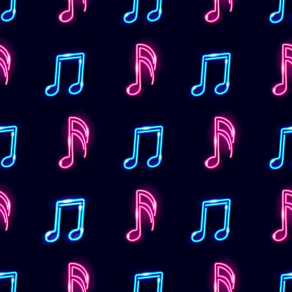 Nahtloses geometrisches Muster mit Neon-Ikonen von Musiknoten auf dunklem Hintergrund. Musikkonzept für Druck oder Packpapier. — Stockvektor