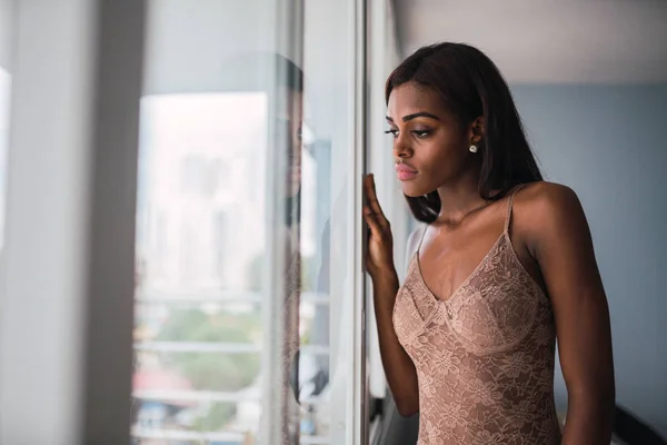 Sensual Young African American Woman Beige Lace Bodywear Standing Window — Stock Photo, Image