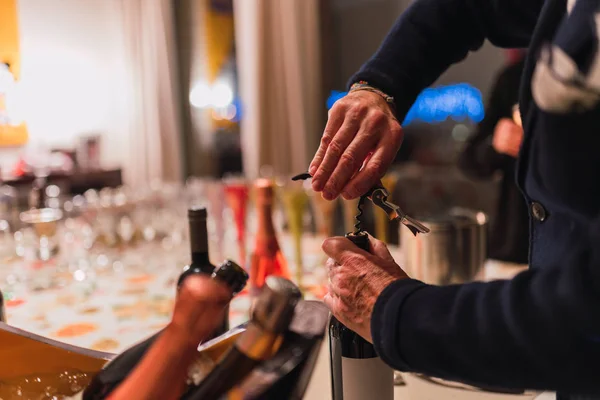 Faceless Man Elegant Suit Opening Bottle Wine Corkscrew Elegant Reception — Stock Photo, Image