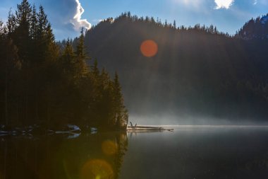 Etrafı dağlarla çevrili güzel bir göl. Güneşli, mavi gökyüzü. Dallarda kar, ufukta sis. Doğrudan güneş ışığı mercek parlamalarına neden olur. Güneş ışınları görünür.