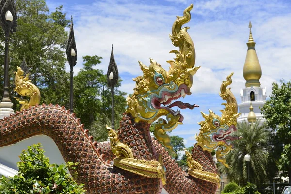 位于斯里兰卡清迈华南边区蓝天宝塔背景楼梯上的Naga雕塑 泰国农开海省 — 图库照片