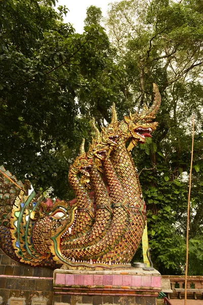 Antigua Escultura Naga Escalera Provincia Wat Prathat Doi Suthep Chiang —  Fotos de Stock