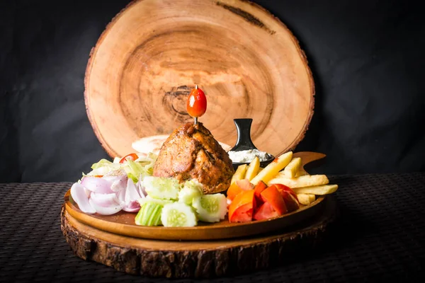 Lamb Gyros Kebab Served Bread French Fries Salad Tzatziki — Stock Photo, Image