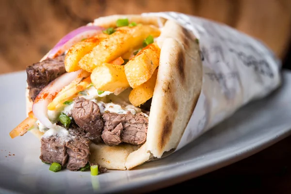 Beef Gyros Greek Style Wrap Pita Bread French Fries — Stock Photo, Image