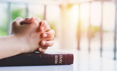 İnanç ve maneviyat için kutsal bir İncil 'e dua ederek el ele tutuşan bir kadın. Sabah güneş ışığıyla birlikte inanç için kilise kavramı için.,