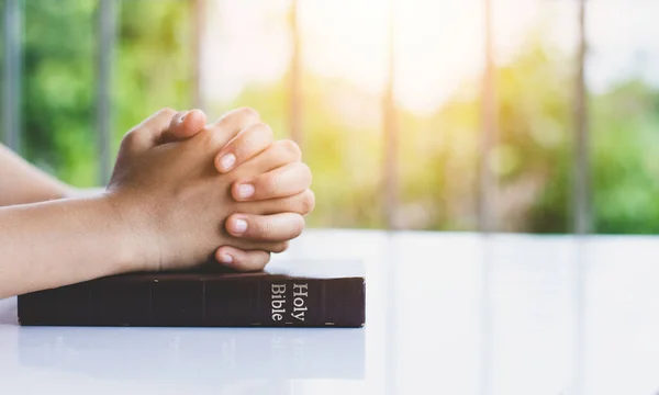 Kvinna Sittande Händer Vikta Bön Helig Bibel För Tro Andlighet — Stockfoto