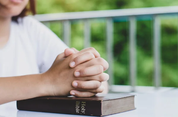 İnanç ve maneviyat için kutsal bir İncil 'e dua ederek el ele tutuşan bir kadın. Sabah güneş ışığıyla birlikte inanç için kilise kavramı için.,