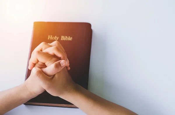 İnanç ve maneviyat için kutsal bir İncil 'e dua ederek el ele tutuşan bir kadın. Sabah güneş ışığıyla birlikte inanç için kilise kavramı için.,