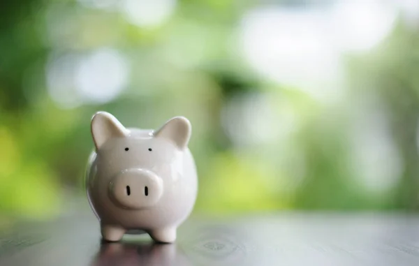 Banco Piggy Cerâmica Branca Placa Madeira Bege Com Bokeh Desfocado — Fotografia de Stock