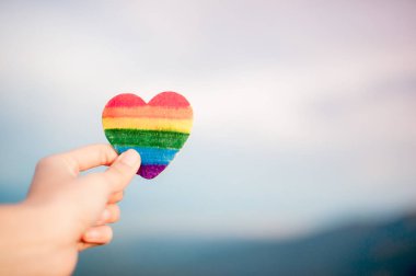 LGBT hakları kavramı, el, güneş ışığına karşı LGBT bayrağı gibi boyanmış bir gökkuşağı rengini elinde tutar. Boşluğu Kopyala