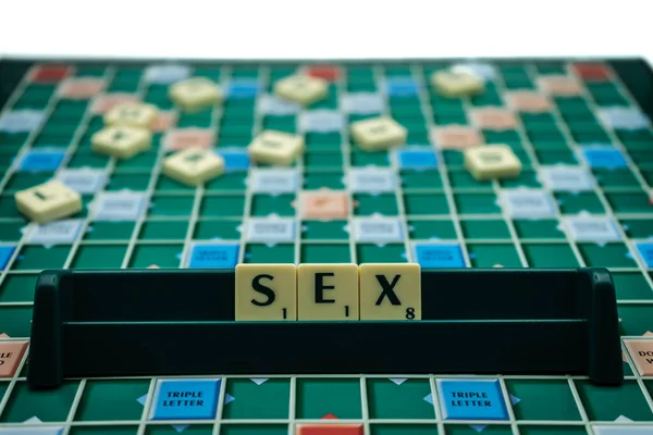 02/09/2020 Portsmouth, Hampshire, UK The word Sex spelled out on scrabble tiles on a scrabble board