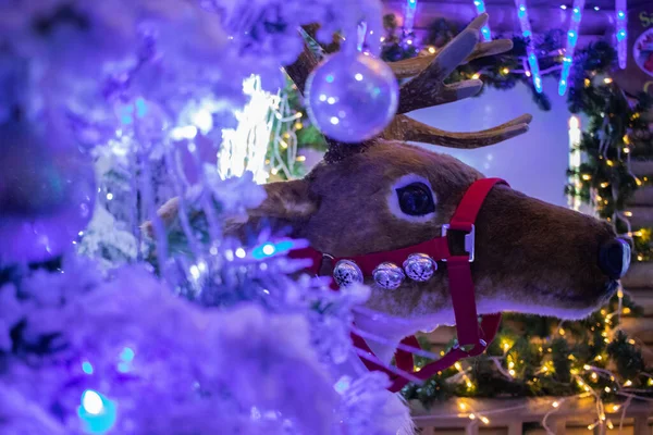 A deer stag christmas decoration next to a christmas tree and christmas lights