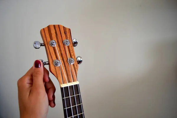 Mädchen Stimmen Hölzerne Ukelele — Stockfoto